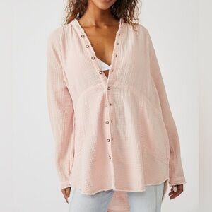 Free People We The Free Summer Daydream Top Large Button Up Pink Double Gauze